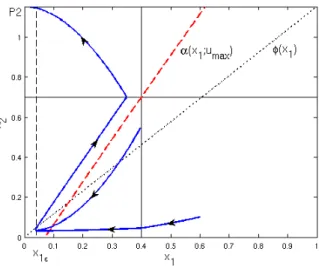 Figure 2: Controlling to P2, according to Theorem 2. In the time interval [0, T 1 ), u = u min and trajectories evolve towards φ 00,min , above the separatrix α(x 1 ; u max )