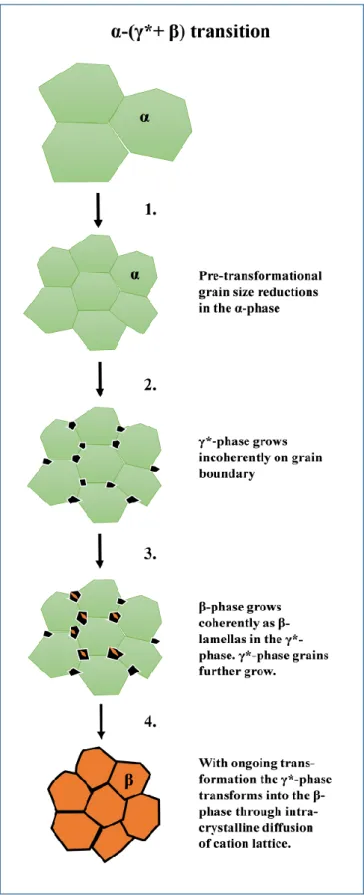 Figure  6.  Illustration  of  the  microstructural  evolution  at  different  stages  of  the  α–(γ*+β)  phase transition as observed in this study.