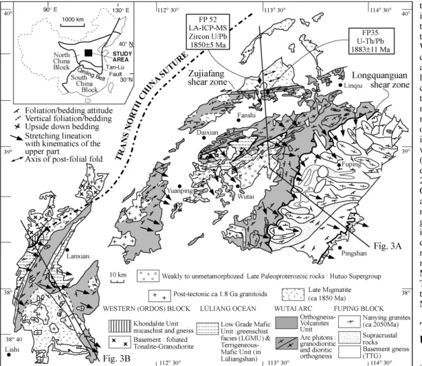 Figure 2 Structural map of the Trans North China Belt from Lüliangshan to Fuping massifs with location of figure 3 cross sections