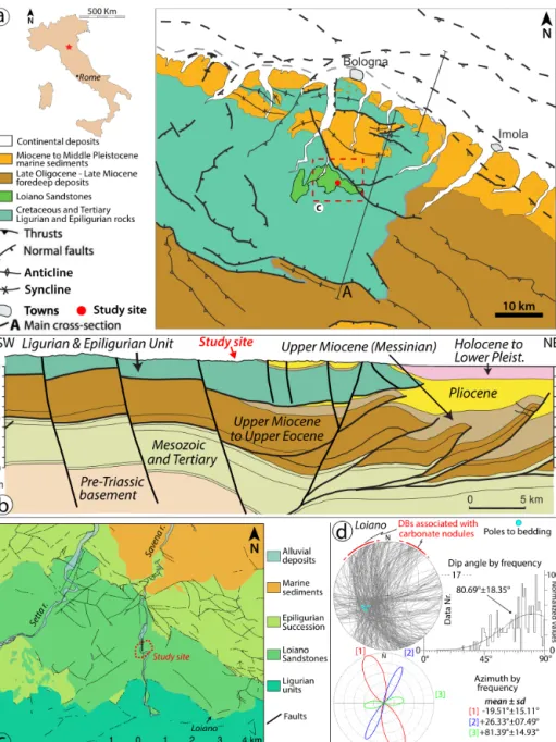 Figure 1. (a) Schematic geologic map and (b) cross section of the northern Apennines near Bologna (Italy), modified from Picotti and Pazzaglia (2008)