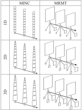 Figure 1. Sketches of the immobile zone organization for Multiple INteracting Continuum models (MINC) and Multiple-Rate Mass Transfer models (MRMT) for 1-D,  2-D, and 3-D inclusions