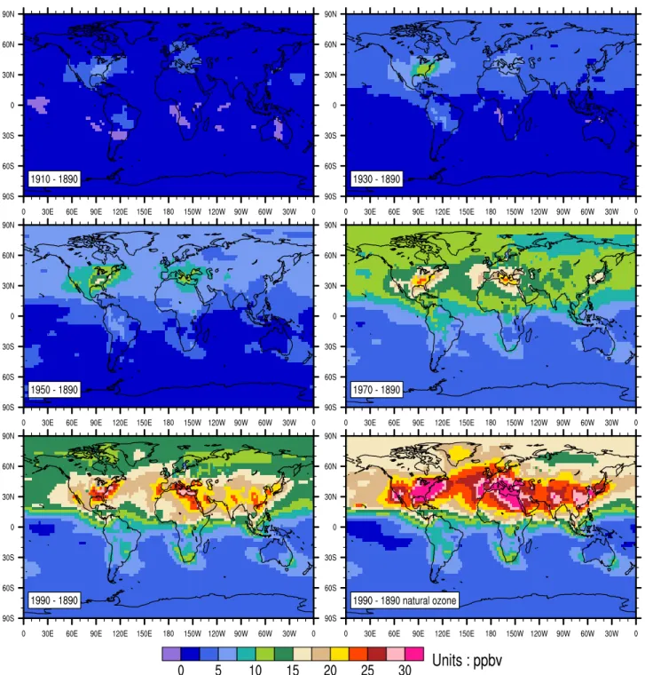 Figure 4. Annual average of the surface ozone increase (in ppbv) from the 1890 distribution