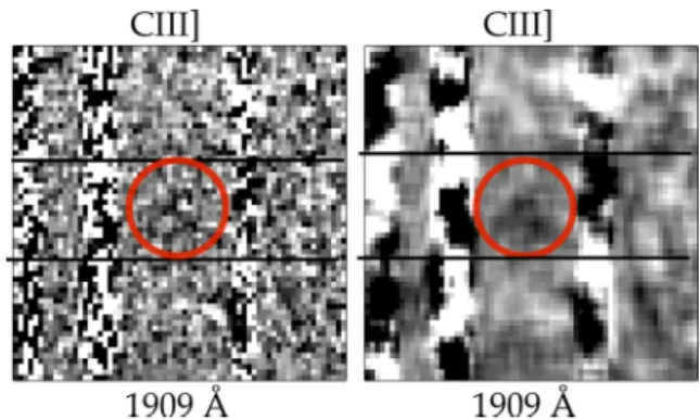 Figure 4. MOSFIRE 2D H-band spectrum of the z = 7.213 galaxy GN-108036 (unsmoothed in the left-hand panel, smoothed in the  right-hand panel)