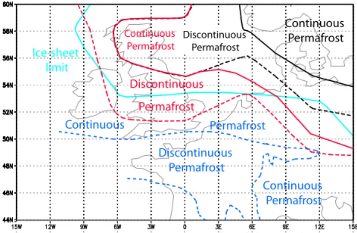 Fig. 5. Permafrost in western Europe: data and model. Limits of permafrost are outlined as follow: continuous black line (respectively dashed black line) is the continuous (respectively non-continuous) permafrost limit for the simulated LGM, continuous red