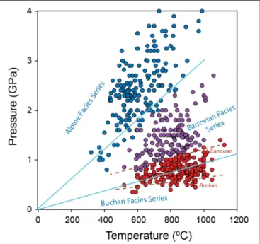 FIGURE 3 | Variations in the temperatures and pressures from the peak of metamorphism estimates from Brown (2006, 2007), as in Brown and Johnson (2019), The facies series are from Zheng and Zhao (2020).