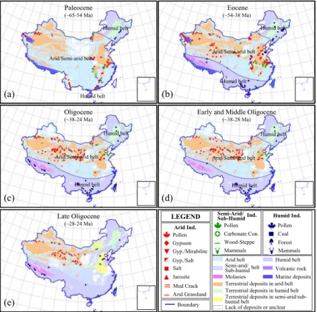 Fig. 3. Paleogene environmental patterns in China. (a) Paleocene; (b) Eocene; (c) Oligocene;