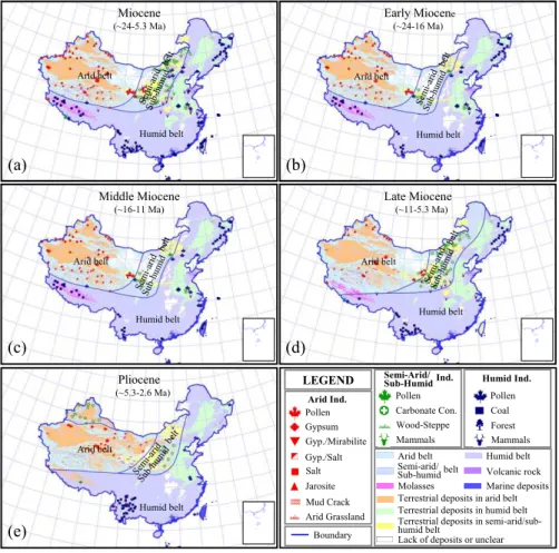 Fig. 4. Neogene environmental patterns in China. (a) Miocene; (b) Early Miocene; (c) Middle Miocene; (d) Late Miocene; (e) Pliocene