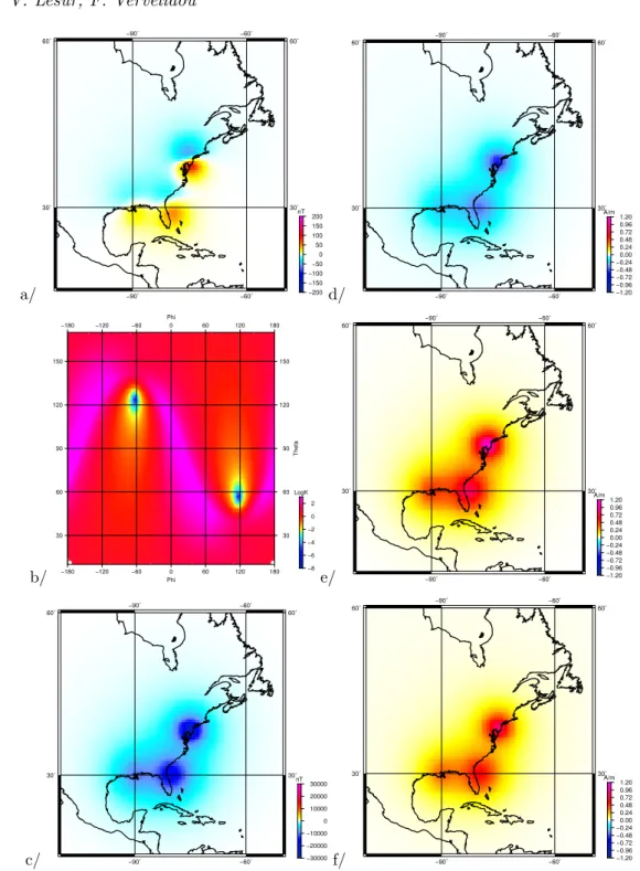 Figure 3. Left, from top to bottom: vertical down component of the synthetic magnetic data, map of the K 200 1 (˜g ` m ) cost function and map of the product q 1 0 χ