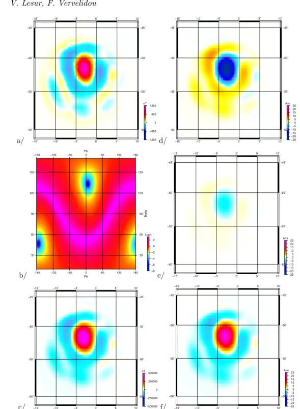 Figure 5. Left, from top to bottom: a/ radial component of the lithospheric magnetic field model, b/