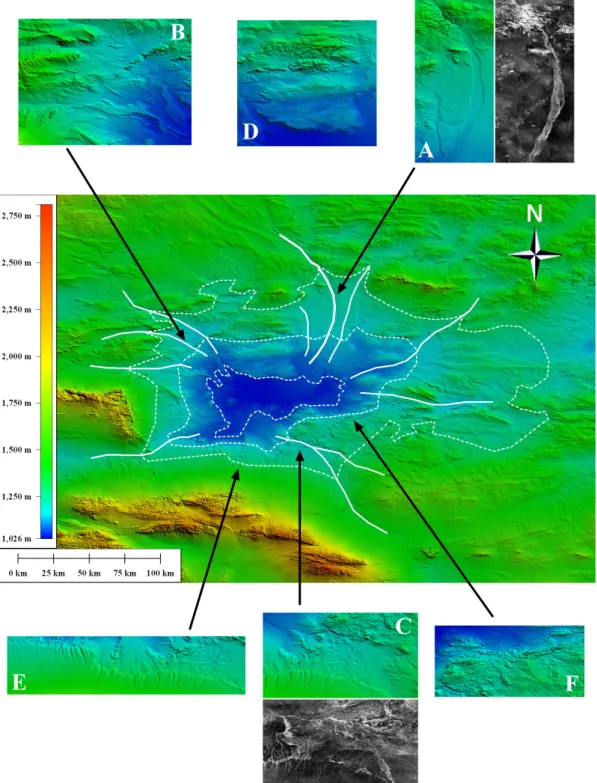 Figure 5. Ulaan Nuur depression on top of SRTM topography, showing the three past lake levels (dotted white  lines) and the ten palaeochannels (solid white lines)