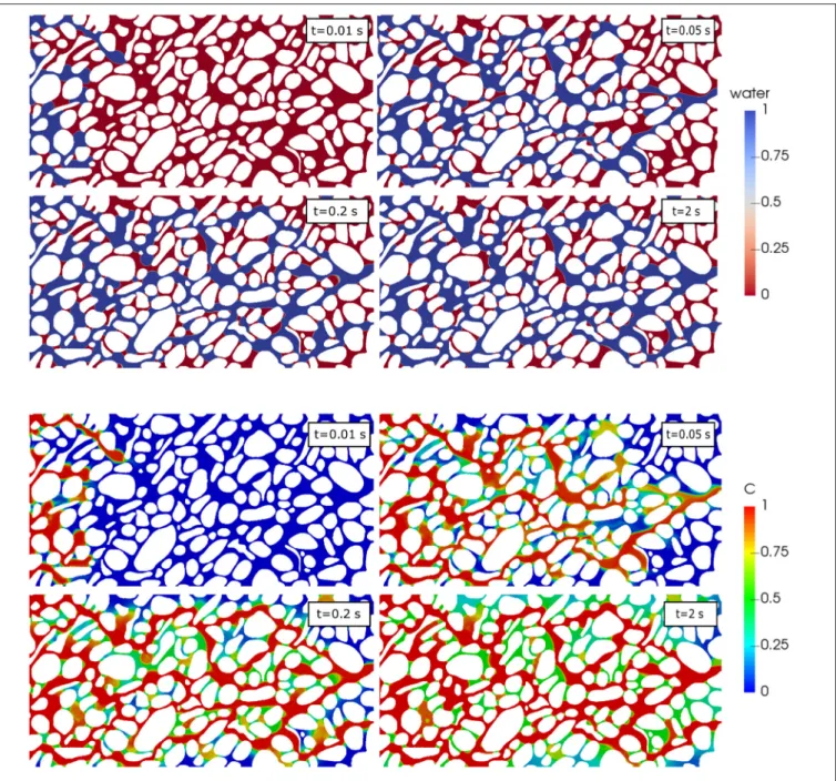 FIGURE 7 | Simulation results of drainage of oil (wetting phase) by water with multi-component mass transfer at the pore-scale