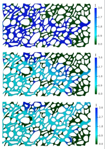 FIGURE 11 | Numerical simulation of tertiary low-salinity flooding in a micromodel. The colormap corresponds to the ionic strength (mol/l) in the domain