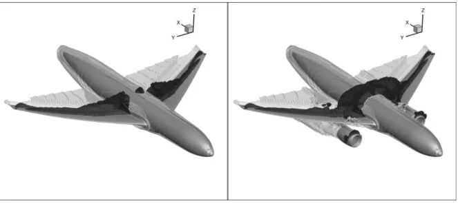 Fig. 10 shows some of the capabilities of the far-field code ffd72. It gives the integration volumes of the viscous  drag  (about  the  plane  surface  and  wake)  and  of  the  wave  drag  (in  black)  for  both  Wing-Body  and   Wing-Body-Nacelle-Pylon c