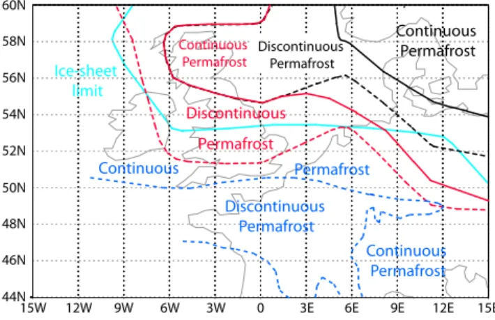 Figure 5 shows the limits of the continuous and discontin- discontin-uous permafrost as simulated for the LGM with the limits  es-timated from proxy data