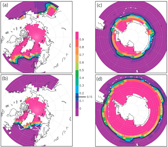 Fig. 6. Sea-ice concentration simulated for the LGM with comparison to MARGO data. Panels (a) and (c) are for the austral summer, (b) and (d) for the boreal summer