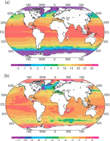 Fig. 7. (a) Sea Surface Temperatures at the LGM ( ◦ C) (b) LGM- LGM-LH CTRL Sea Surface Temperature differences ( ◦ C)