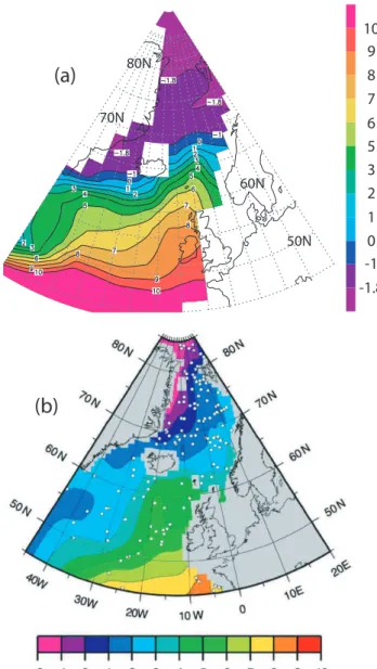 Fig. 8. Model-data comparison: north Atlantic and Nordic Seas subsurface temperatures