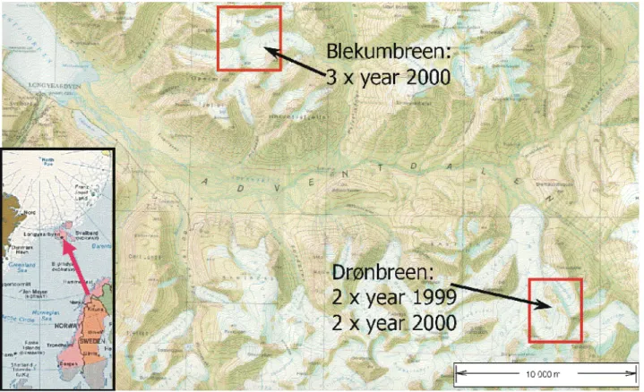 Fig. 1. Map of the valley Adventdalen showing the two study areas and the number of surveys during the field season 1999 and 2000