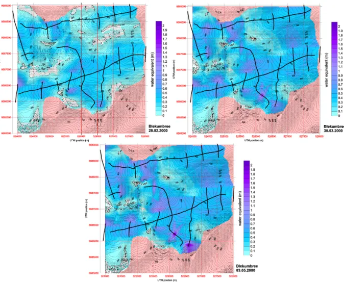 Fig. 4. Snow distribution in the Blekumbreen study area in spring 2000. The three plots show results from the surveys 28 February 2000, 30 March 2000 and 3 May 2000