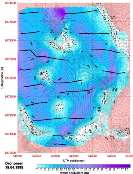 Fig. 5. Measured snow depth in the Drønbreen area at the end of the winter season (19 April 1999)