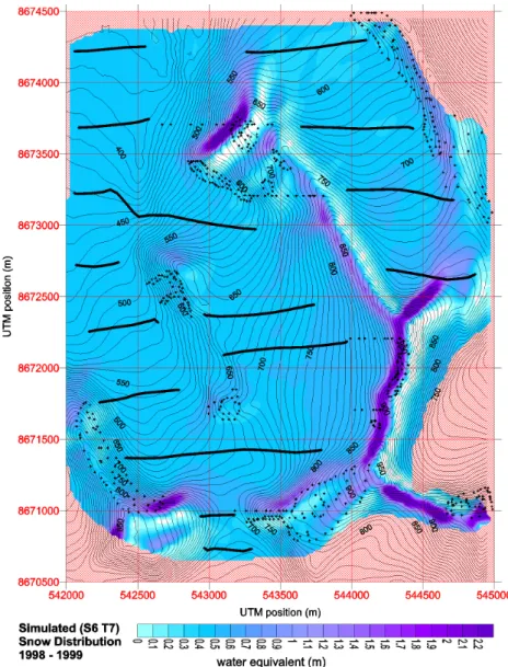 Fig. 7. Simulated snow depth in the Drønbreen area at the end of the winter season (19 April 1999)