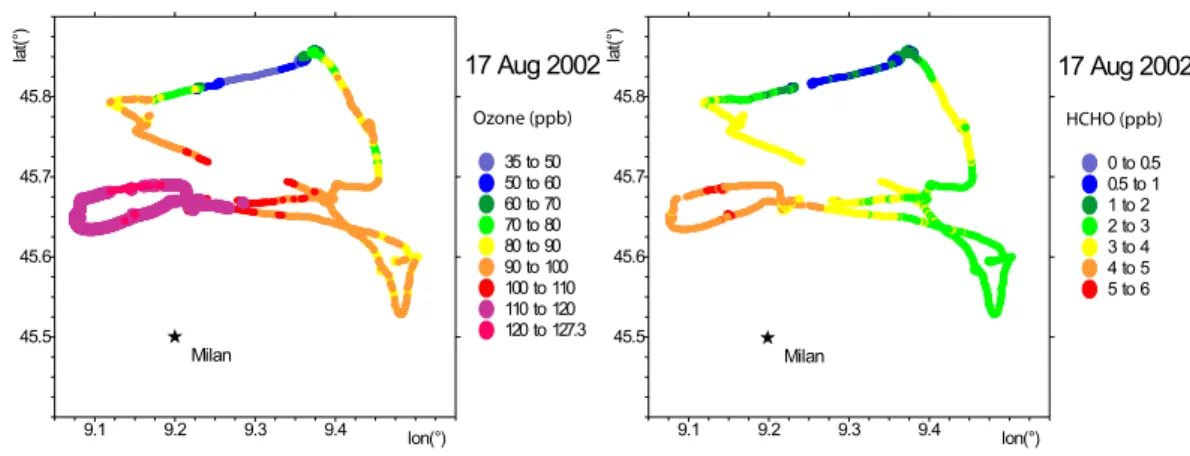 Figure 9: HCHO and O 3  concentration measured during the flight on 17 August 2002 