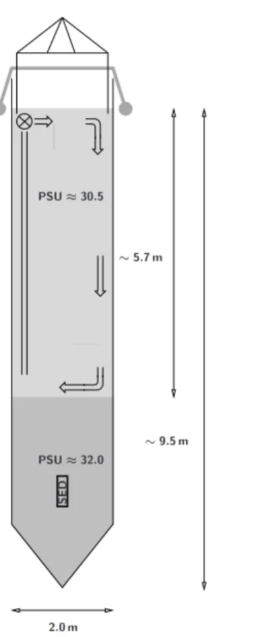Fig. 1. Mesocosm design and setup. PSU denotes Salinity and SED the sediment trap. See text for details.