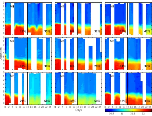 Fig. 2. Temporal changes in the vertical distribution of salinity within each mesocosm during the experiment