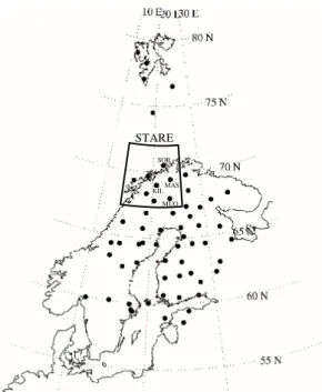Fig. 1. Location of the IMAGE and BEAR magnetometer stations (dots) in Northern Scandinavia, and the field of view of the STARE radar (black frame).