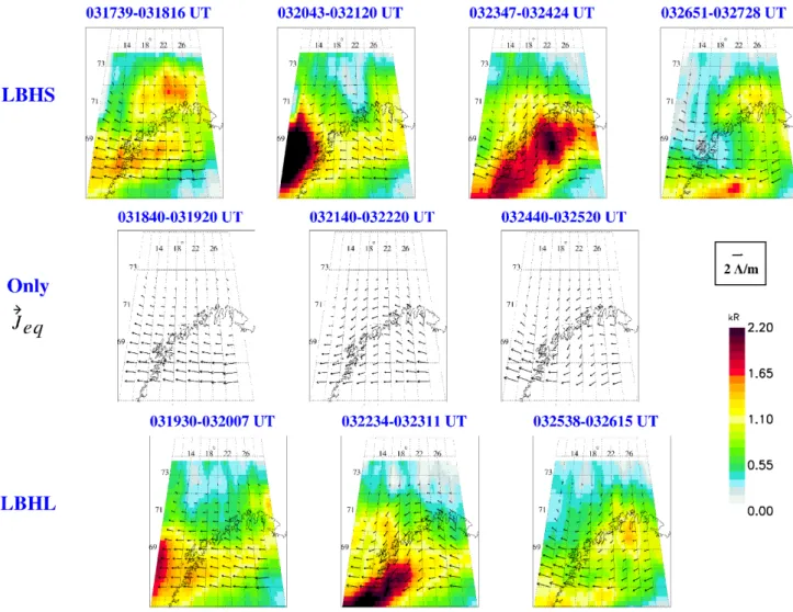 Fig. 3. Ionospheric equivalent currents (vectors) and UVI emissions (colour plots) for our detailed analysis interval