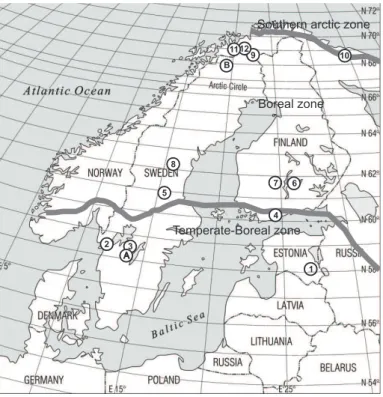 Fig. 1. The locations of sites (1–12) from which pollen-based temperature reconstructions used in this study have been obtained, together with sites (1, A, B) with oxygen-isotope records used for comparison (Table 1)