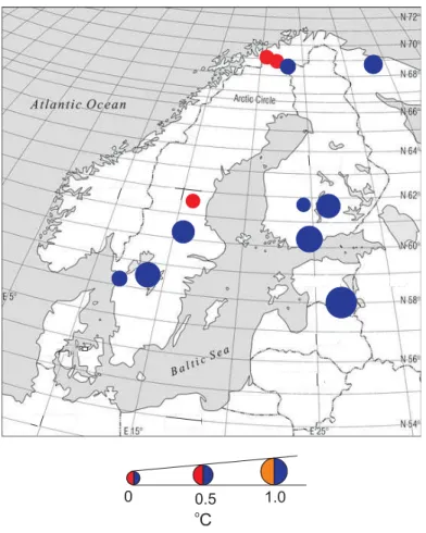 Fig. 5. Map showing the geographical pattern of the temperature change. The blue colour indicates cooling and red colour warming during the 8200 cal yr BP event