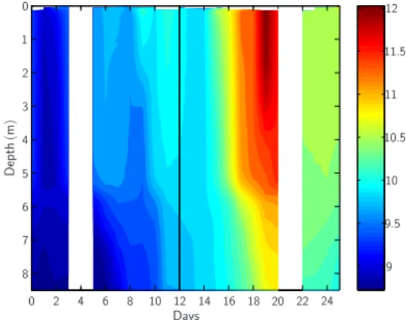 Fig. 4. Photon flux density (PFD) of incident photosynthetic active radiation between 400 and 700 nm (PAR) as measured on the raft (black line) and total amount of energy received as measured by the Geophysical Institute of the University of Bergen (grey l
