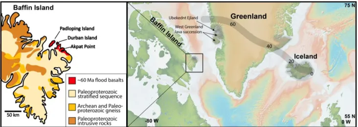 Figure 1. Map of Baffin Island, Greenland, and Iceland. General locations of Iceland plume- plume-derived lavas are shaded in dark grey