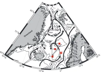 Fig. 1. Schematic of the northern North Atlantic Ocean. The solid lines indicate the flow of warm Atlantic Water and the dashed lines show the flow of cold Polar and Arctic Water