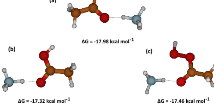 Figure 6. Quantum chemical calculations of the free energy related to the cluster formation between NH + 4 and three structurally  sim-ilar molecules with different functional groups: (a) acetaldehyde, (b) acetic acid and (c) peracetic acid.