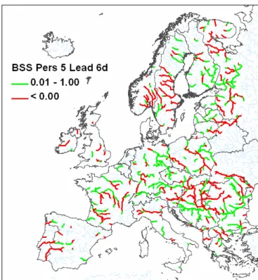 Fig. 8. Areal distribution of BSS median values for 6 days of leadtime and persistence (>5 EPS).