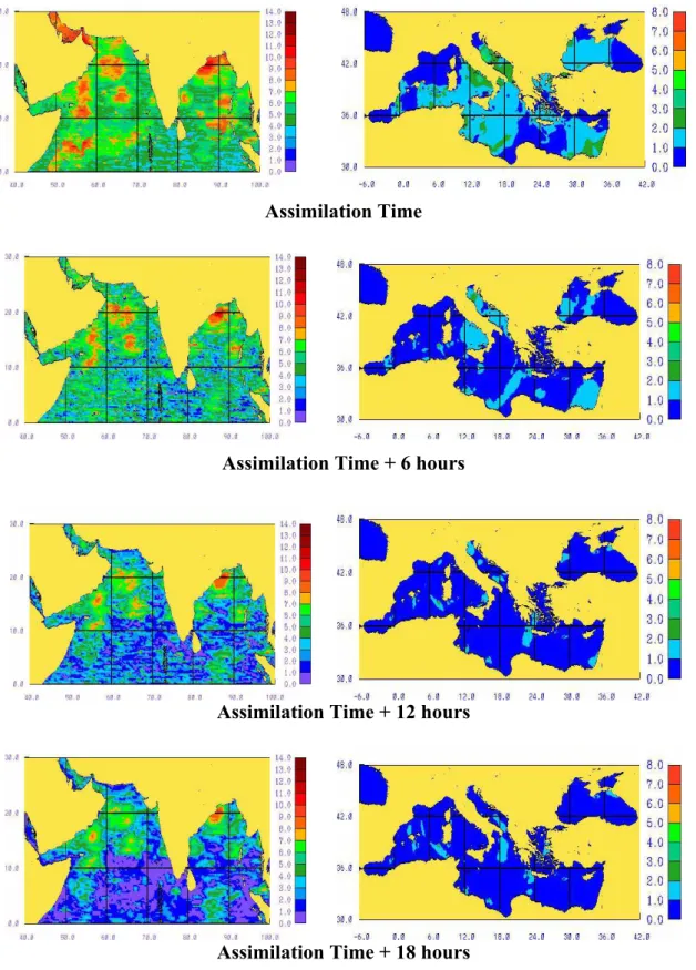 Fig. 10. Average RMSE (m/10) of significant wave height between WAM, with and without assimilation per grid point.