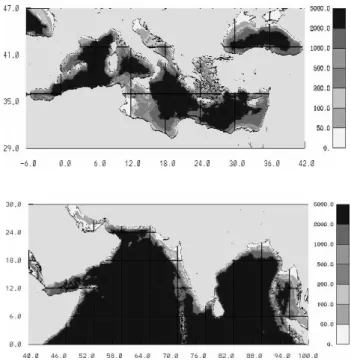 Figure 3.1. Mediterranean Sea and Indian Ocean bathymetry (m). 