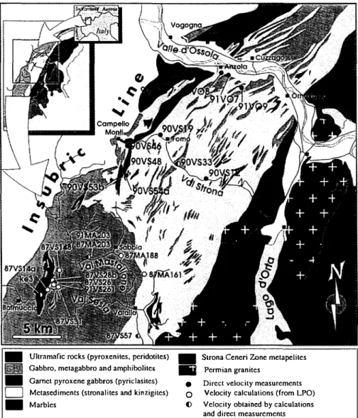 Fig.  1. Schematic map of the Ivrea Zone showing the various lithologie units (after Zingg,  1980; Bro&lt;lie and Rutter,  1987)