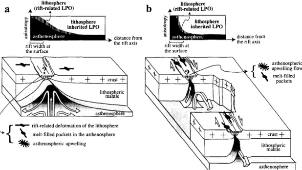Figure  7:  These cartoons  illustrate  two  contrasting rifting models.  In  the  first  case  (a),  the lithosphere  is  homogeneously  stretched in  a direction  normal  to  the  rift  axis