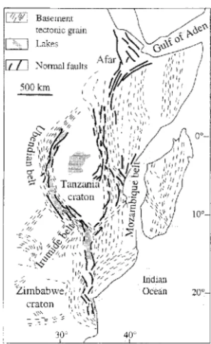 Fig.  1  Schematic  map  (modified  from  Ring,  1994)  illustrating  the  parallelism  between normal faults in the Fast African  Rift and basement structural fa bric
