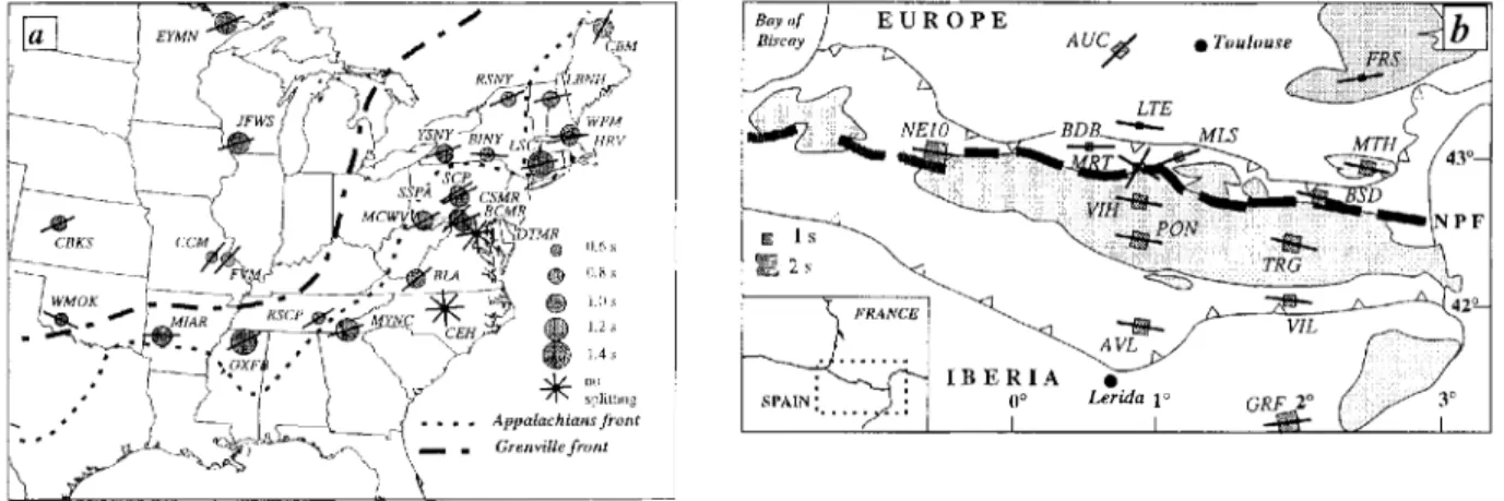 Fig. 4  Teleseismic shear wave splitting in (a) the Appalachians (Barruol  et al.,1997)  and (b) thePyrenees