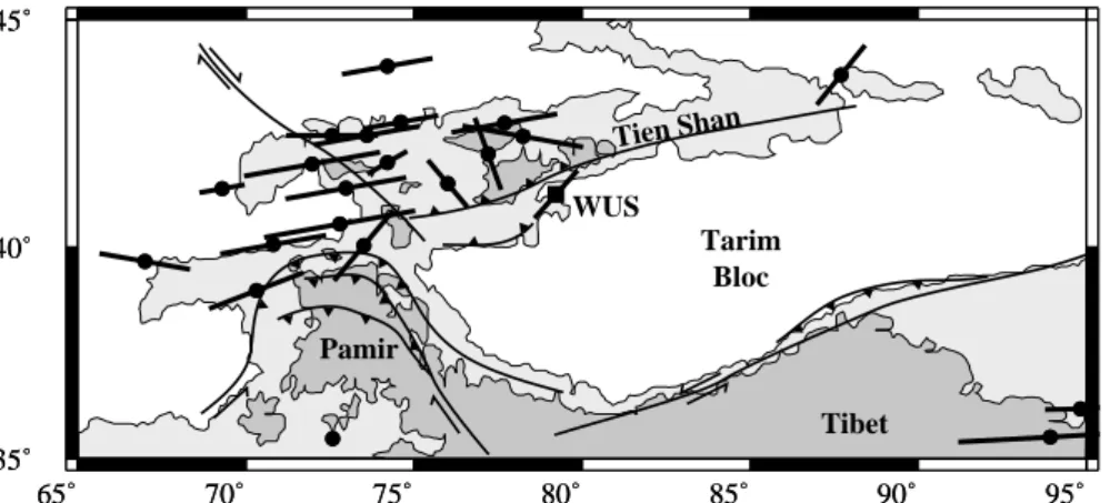 Figure 8. Seismic anisotropy in the Tien Shan. Together with our mean result obtained at the Geoscope station WUS, we show the anisotropy results obtained by Makeyeva et al