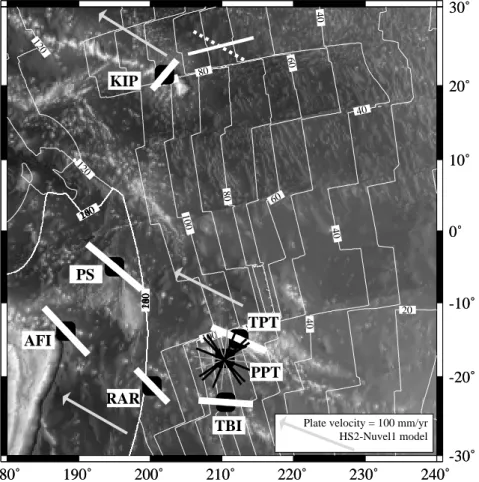 Figure 10. Seismic anisotropy in the Pacific. Together with the plate isochrons and plate topography, the APM vector (HS2-Nuvel 1) and our null results at PPT, are shown the anisotropy measurements from Russo and Okal [1998] at the stations TPT and TBI, fr