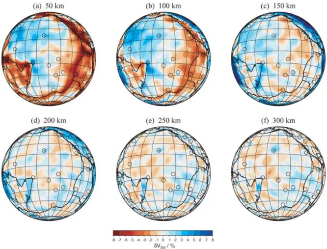 Figure 7. Horizontal slices through our tomographic model showing isotropic V SV at (a) 50 km, (b) 100 km, (c) 150 km, (d) 200 km, (e) 250 km and (f) 300 km depth
