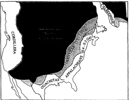 Fig.  6. Schematic map showing the parallelism between the Appalachian-Ouachita orogen and the Grenville belt in eastern North America