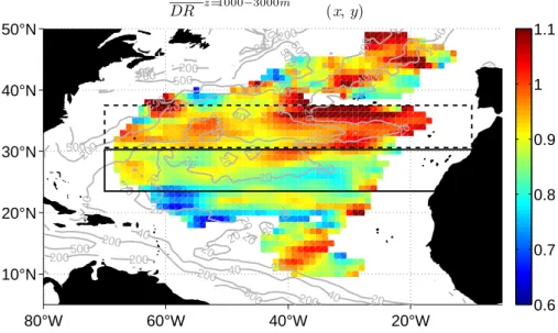 Fig. 11. Depth-to-surface speed Ratio averaged between 1000 and 3000 m (DR z = 1000 − 3000 m (x, y), colours)