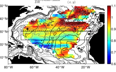 Fig. 11. Depth-to-surface speed Ratio averaged between 1000 and 3000 m (DR z=1000 − 3000 m (x, y), colours)