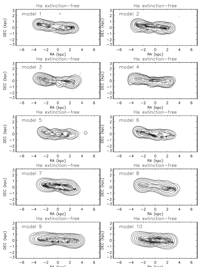 Fig. 9. Model H i contours on model Hα emission distributions without extinction with i = 75 ◦ .